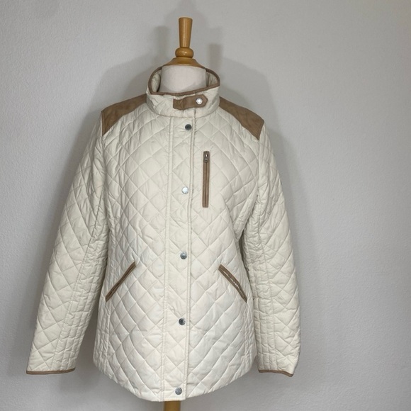 Lauren Ralph Lauren Cream Tan Faux Leather Trim Quilted Zip Jacket Size Large - Picture 1 of 16